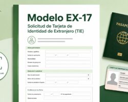 Modelo EX-17: descargar, rellenar y presentar para la TIE Modelo EX-17 para solicitar la Tarjeta de Identidad de Extranjero (TIE), con pasaporte, tarjeta de identidad y referencia a la toma de huellas sobre fondo verde.