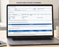 Portátil con pantalla de consulta de datos fiscales de sociedades 2025 sobre escritorio de oficina