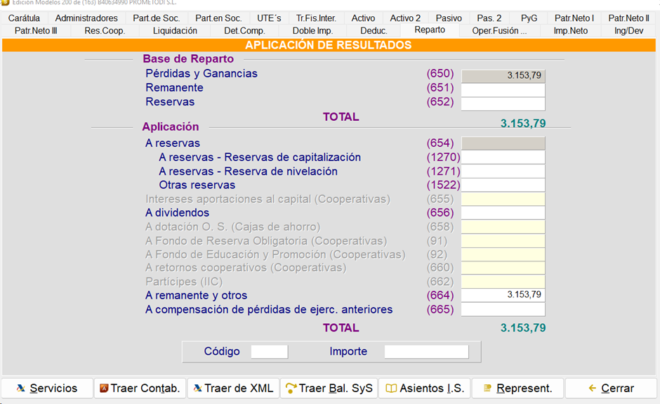 Reparto desde programa contable, que será igual en el programa del Impuesto de Sociedades