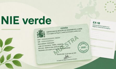Ilustración del NIE verde o certificado de registro de ciudadano de la Unión Europea, con ejemplo de documento en color verde, formulario EX-18