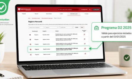 Programa D2 2025 del Registro Mercantil en un portátil, destacado como válido para ejercicios iniciados a partir del 01/01/2025